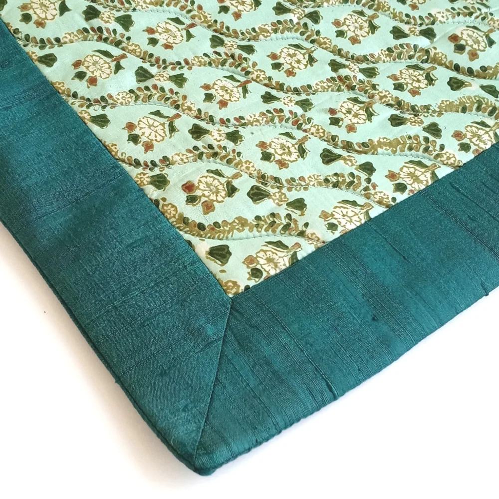 Set of 2 Silk Vintage Teal Trimmed Cream Floral Quilted 15”x 15” Pillow Shams